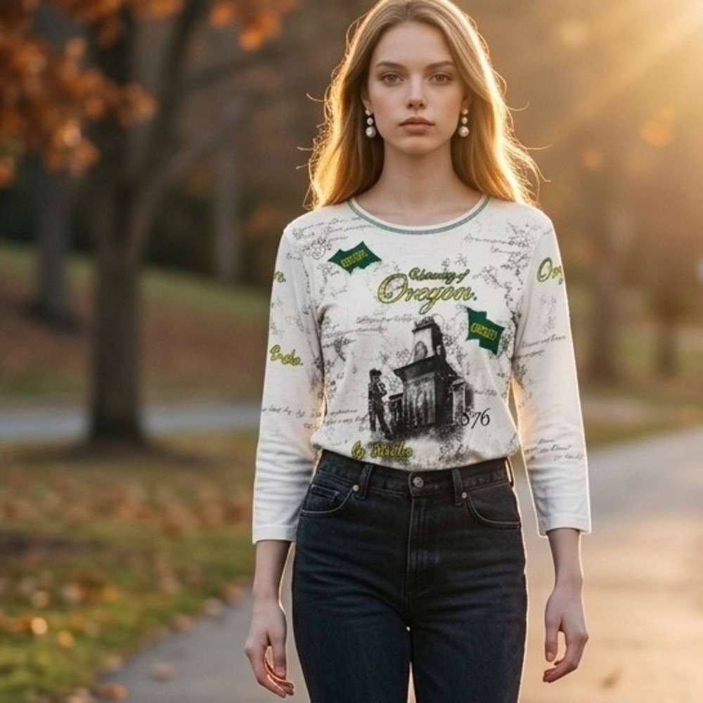 P. Michael Vintage University Of Oregon 3/4 Sleeve Tee Script Landmark Print L